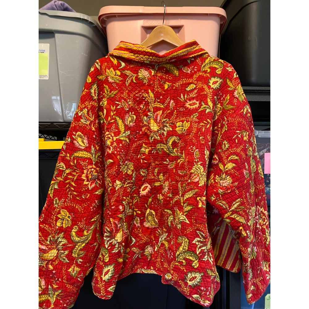 Quilted Jacket Floral Kantha Red Yellow Boho Oversized XL Handmade Cottage Fall - Picture 9 of 9